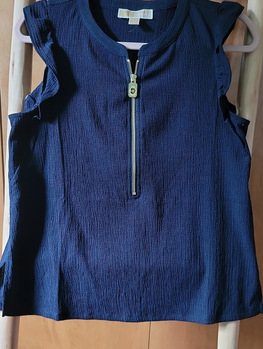 Michael Kors Navy Zip-Front Ruffle Sleeve Top